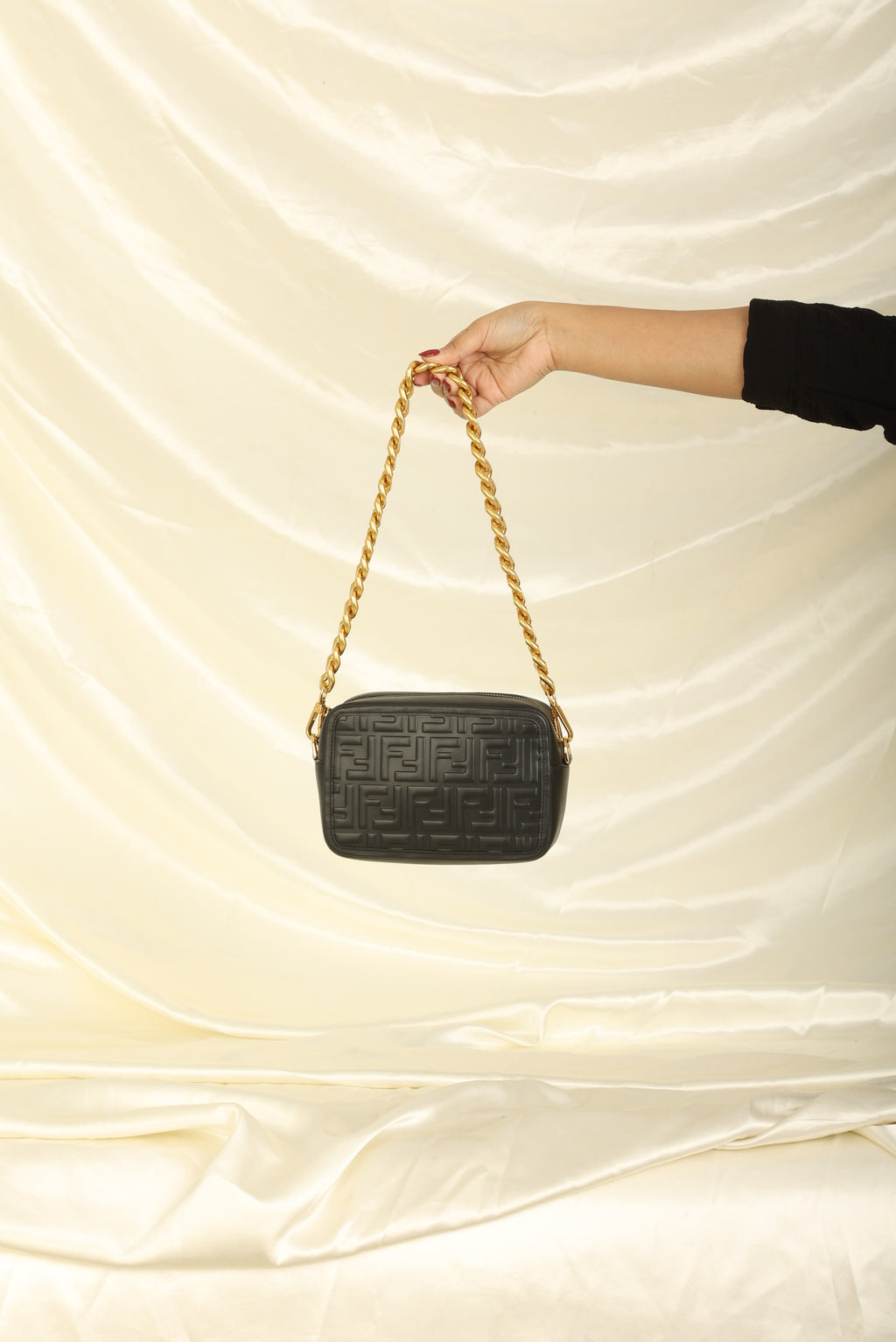 Fendi Black Zucchino Embossed Lambskin Leather Mini Pochette - Yoogi's  Closet