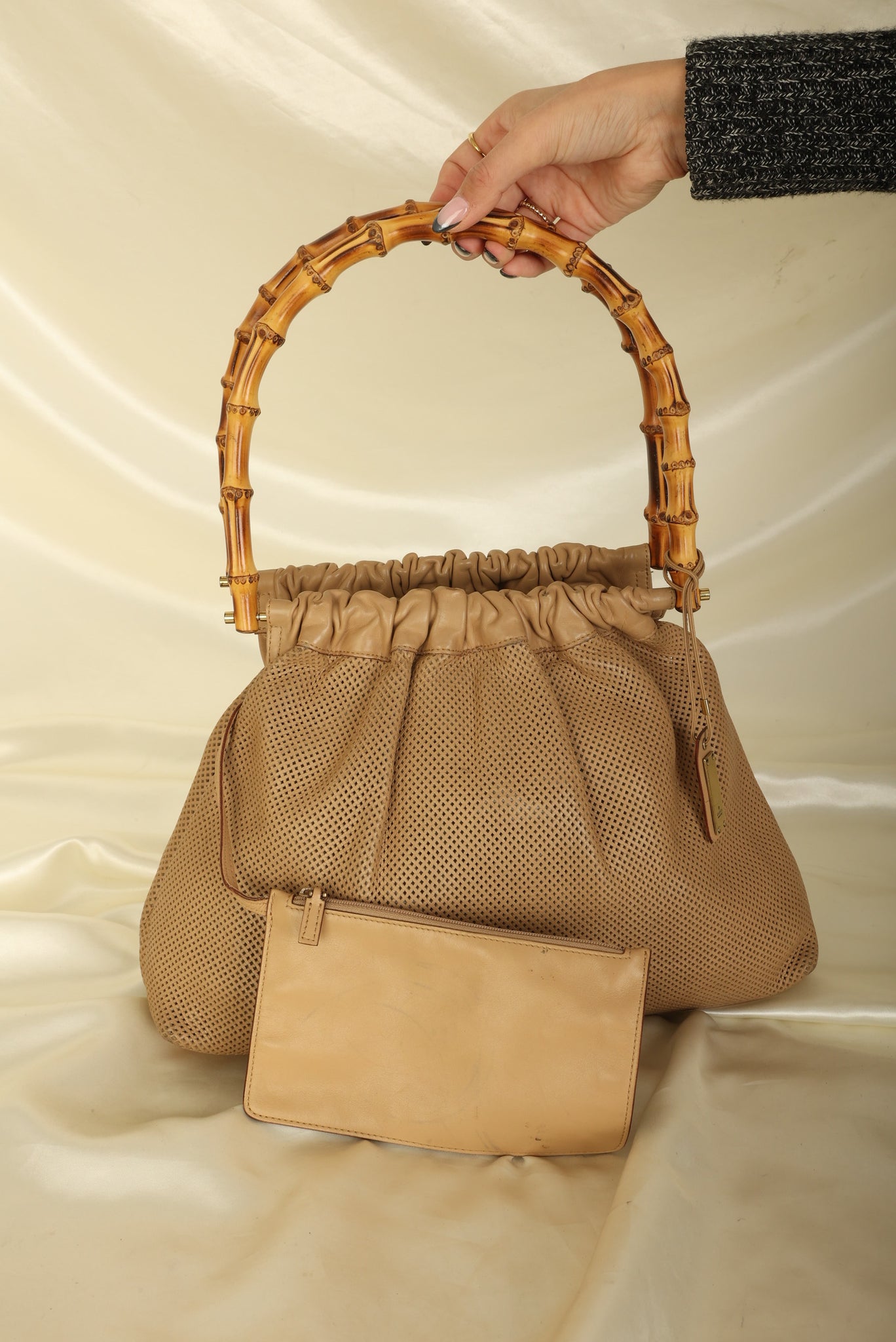 Gucci Perforated Bamboo Handle Bag with Pouch