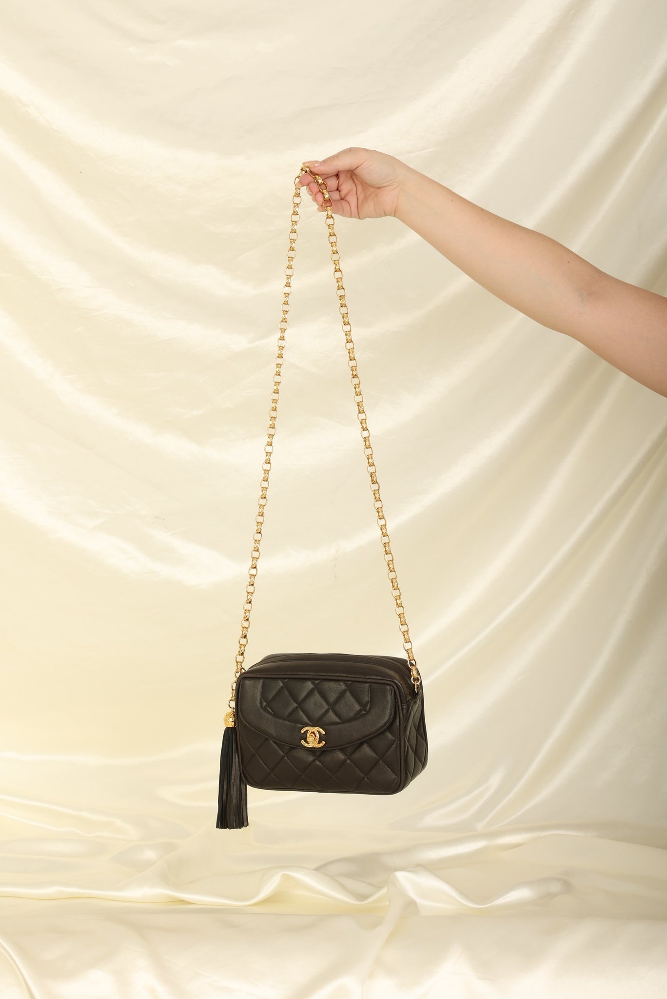 CHANEL Lambskin Quilted All About Chains Waist Belt Bag White