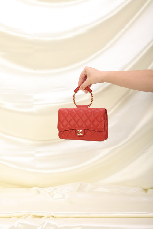 Rare* Chanel Red Small Classic Double Flap Bag In Caviar Leather With