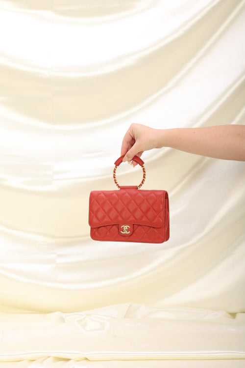 Rare* Chanel Red Small Classic Double Flap Bag In Caviar Leather With