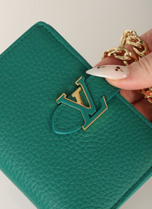 Louis Vuitton 2023 Capucines Vert Compact Wallet w/ Chain