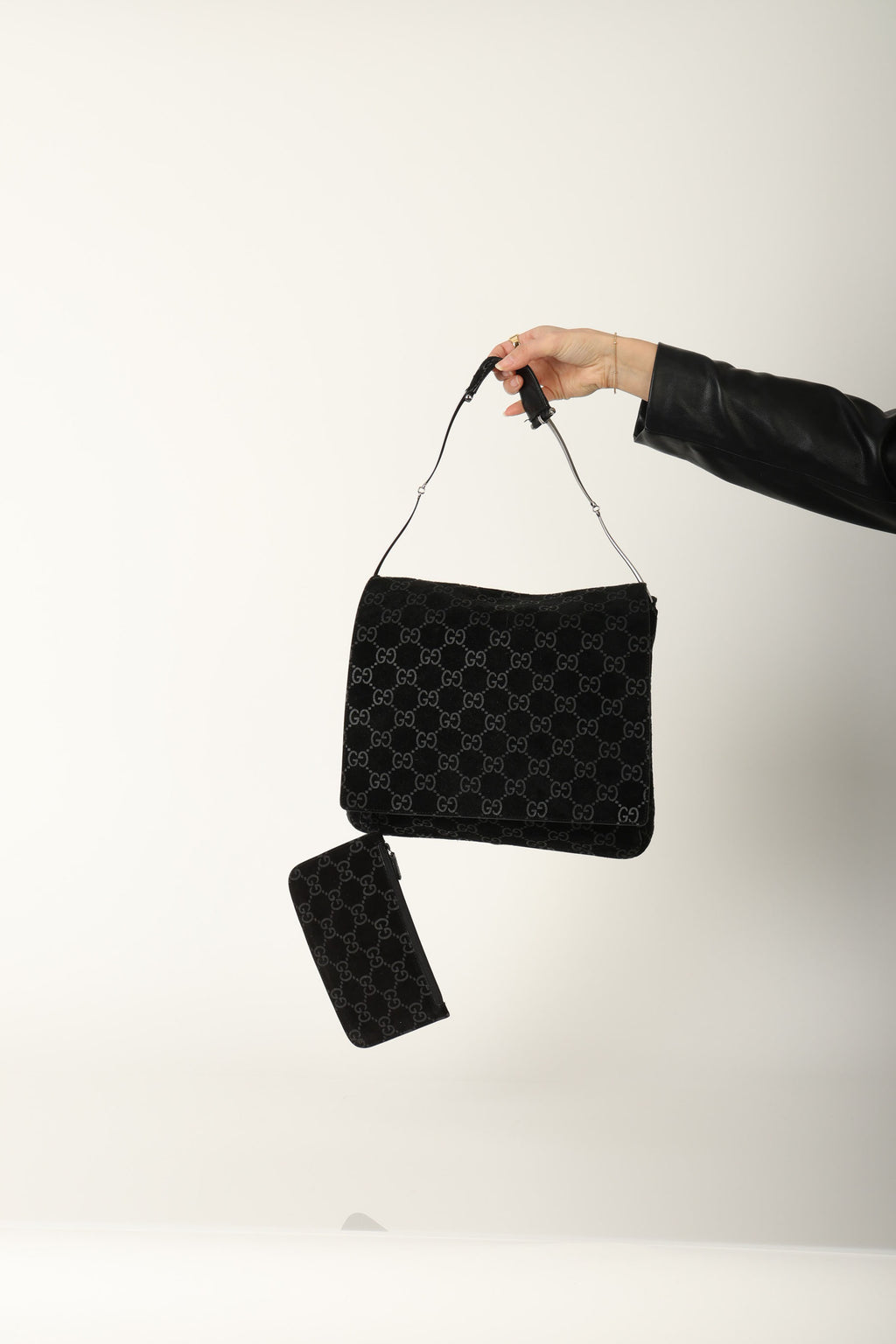 Gucci Suede Monogram Shoulder Bag w/ Pouch