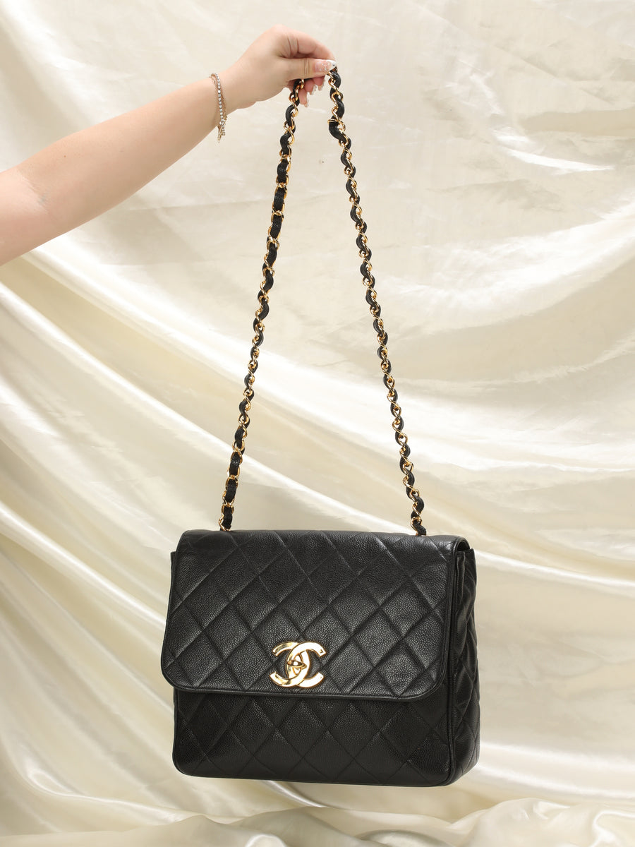 Extremely Rare Chanel XL Logo Caviar Turnlock Flap Bag