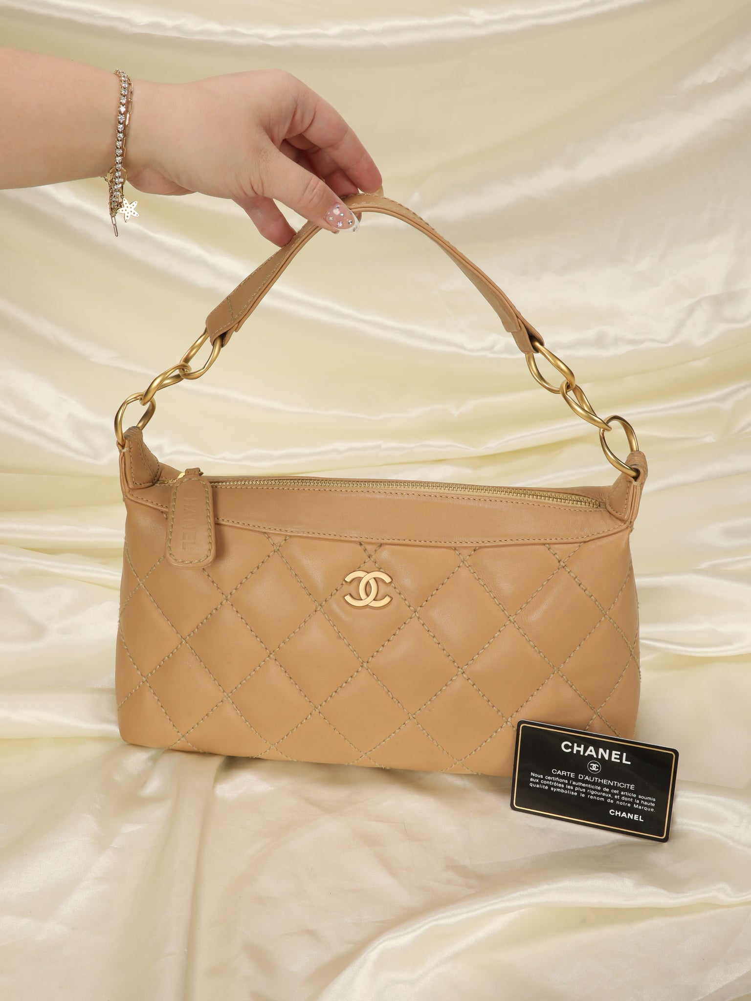 Light Beige Quilted Lambskin Chain Top Handle CC Gold Hardware, 2004
