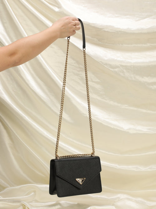 PRADA Flip Lock Chain Saffiano Leather Crossbody Bag Black