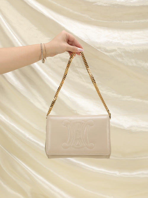 CELINE Lambskin Triomphe Canvas Clutch With Chain White Tan 1282747