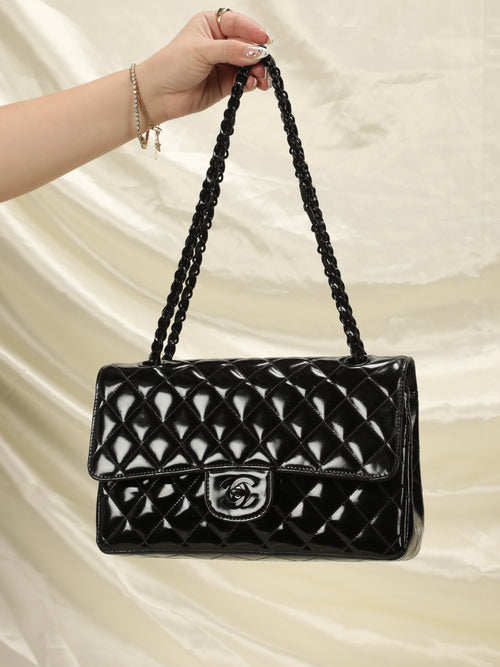 Small flap bag, Patent calfskin & black metal, black — Fashion