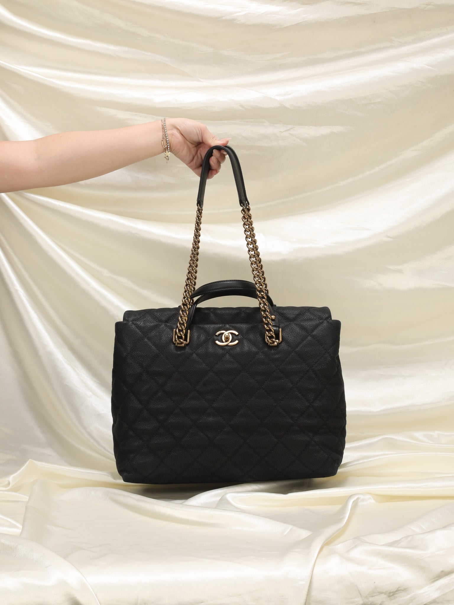 Vintage Chanel Leather Tote with Quilted Bottom & Chain Strap