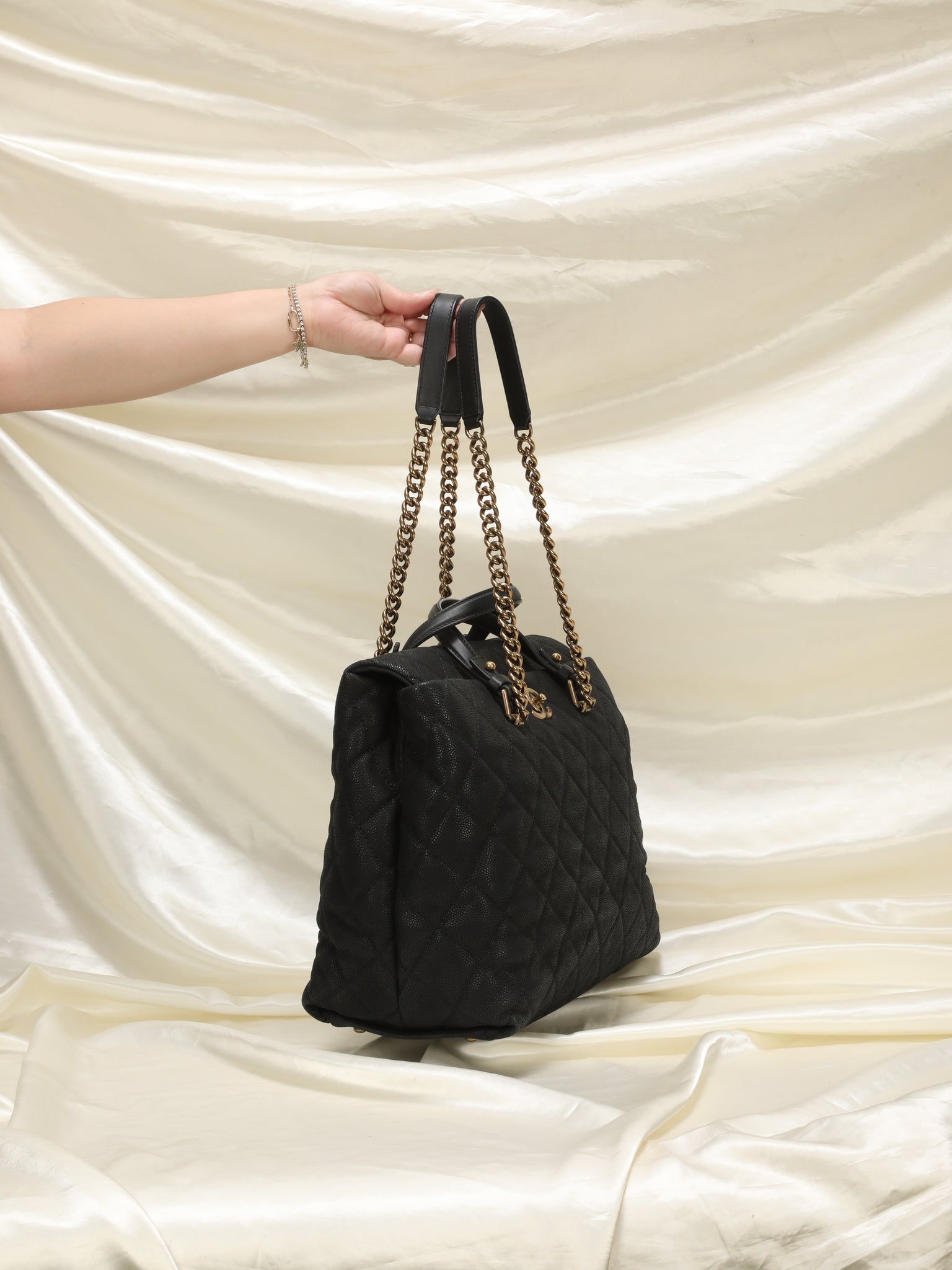 Chanel Vintage Black Quilted Caviar Tall Turn Lock Open Top Tote