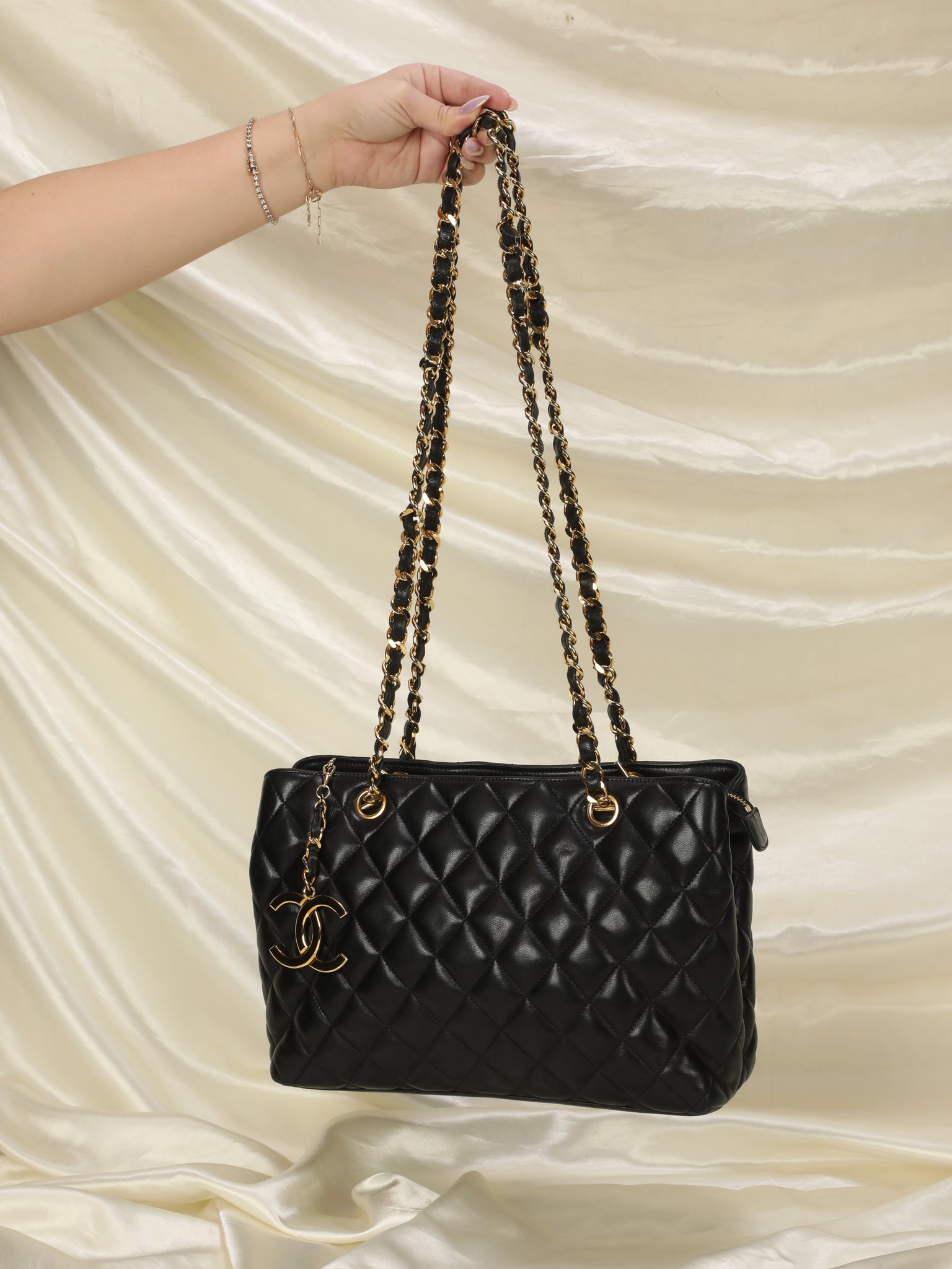 Chanel Lambskin Quilted Chain Shopper Tote