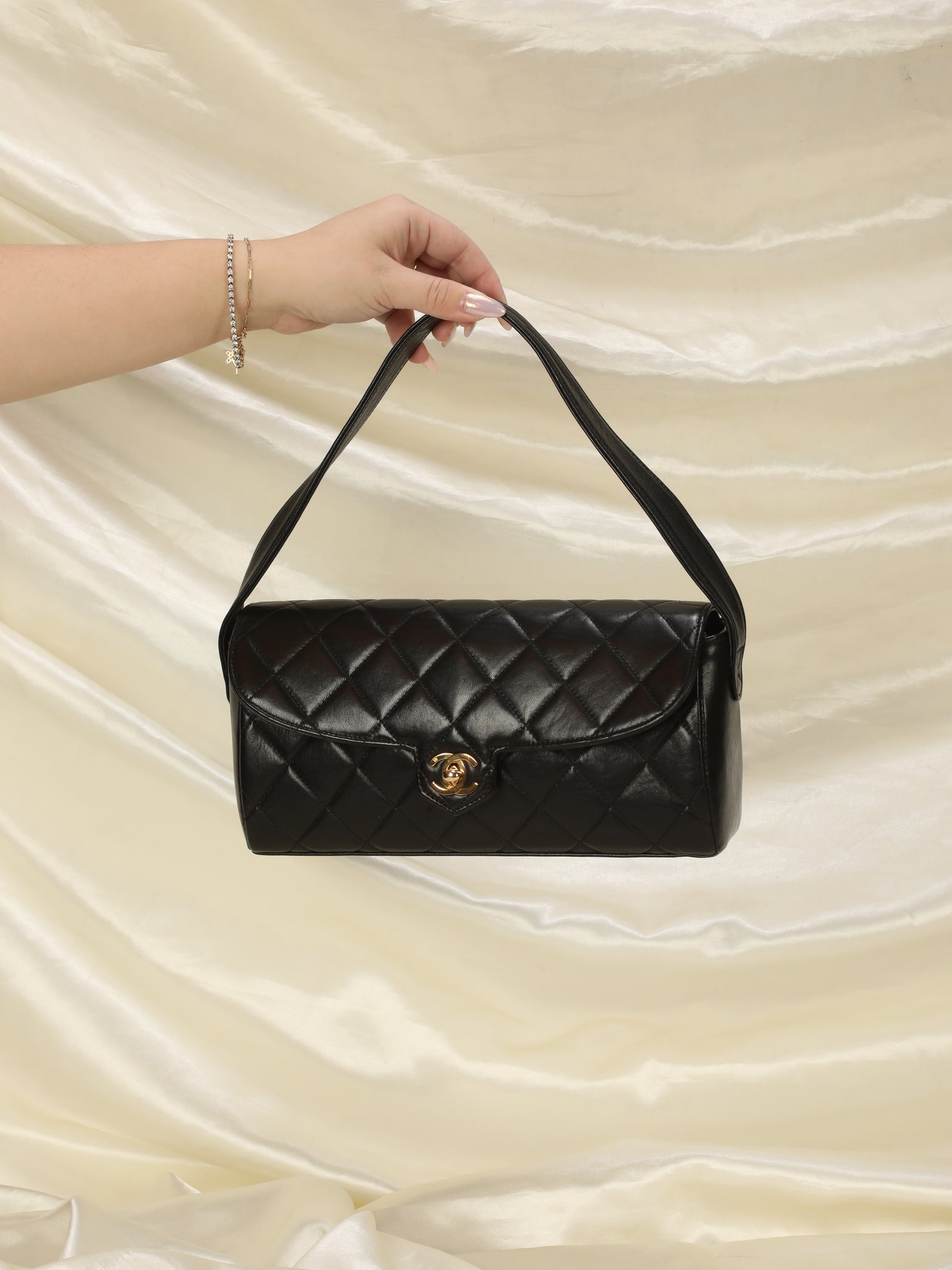 Authentic Chanel Vintage Envelope Flap Bag in Beige Lambskin w 24K