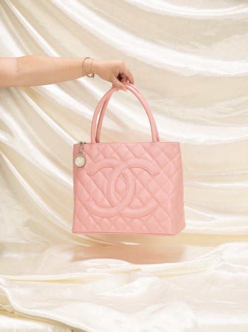 Authentic New Chanel Pink Caviar Leather Medallion Tote Shoulder Bag