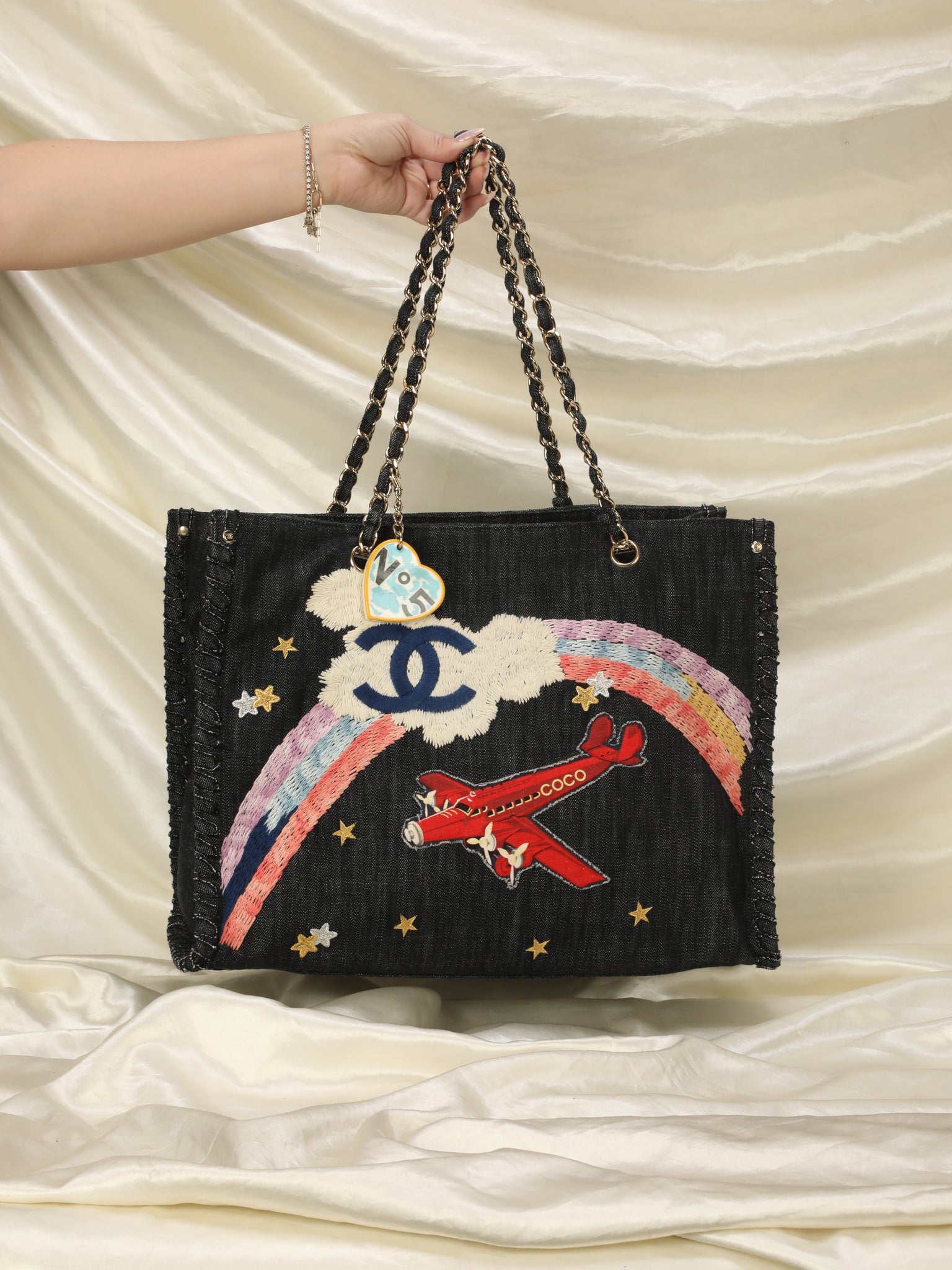 Extremely Rare Limited Edition Chanel Denim Embroidered Tote