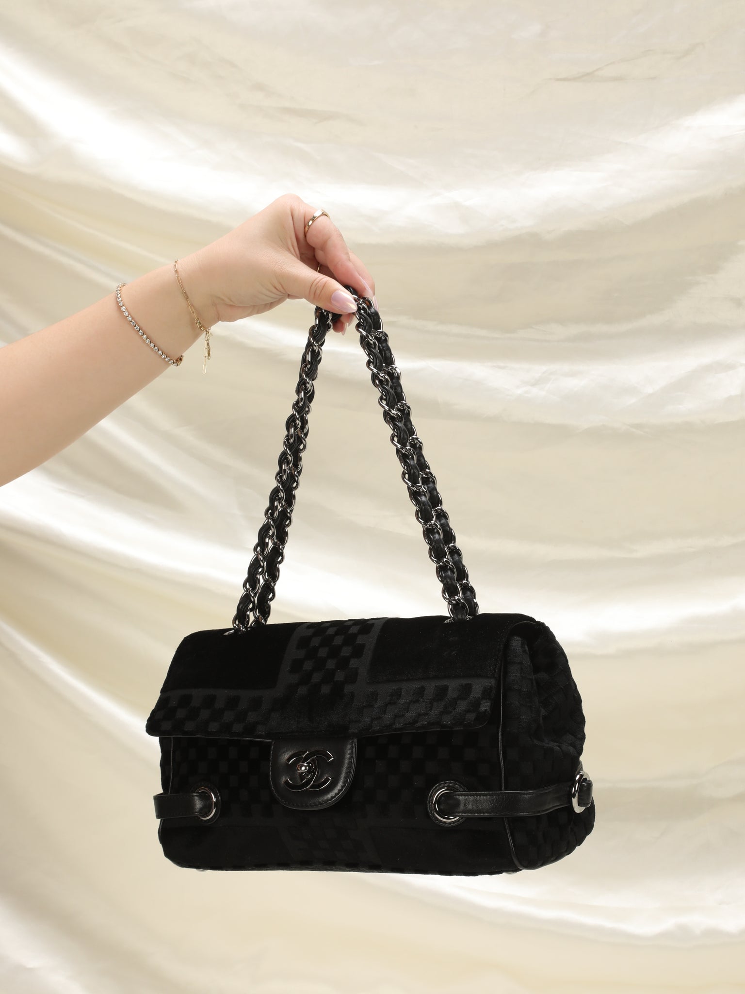 Chanel Velvet Checkered Chain Flap Bag