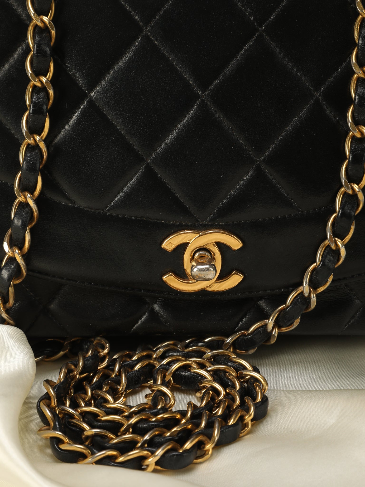 Vintage Chanel Small Diana Flap Bag White and Navy Lambskin Gold Hardware