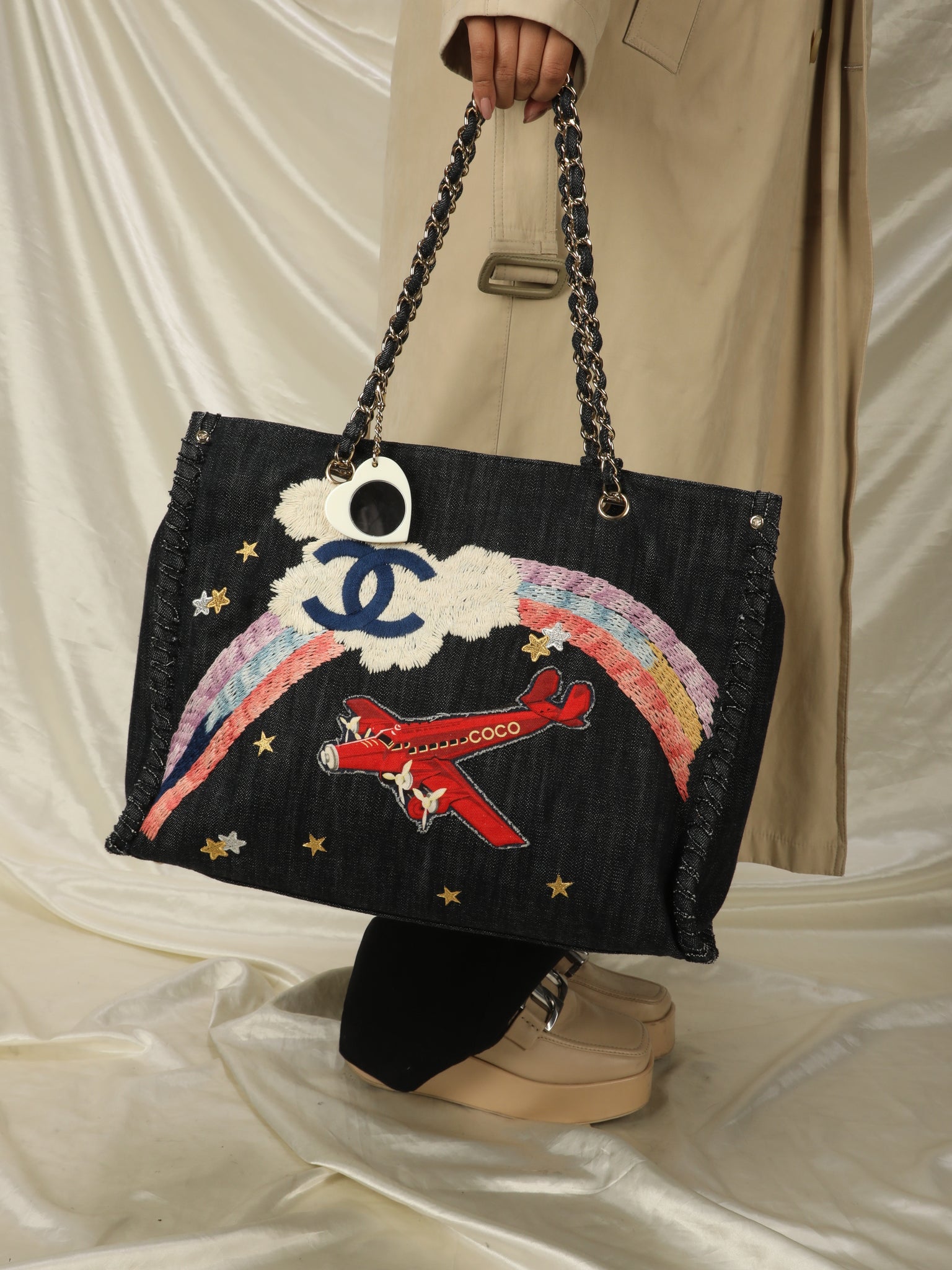 Extremely Rare Limited Edition Chanel Denim Embroidered Tote