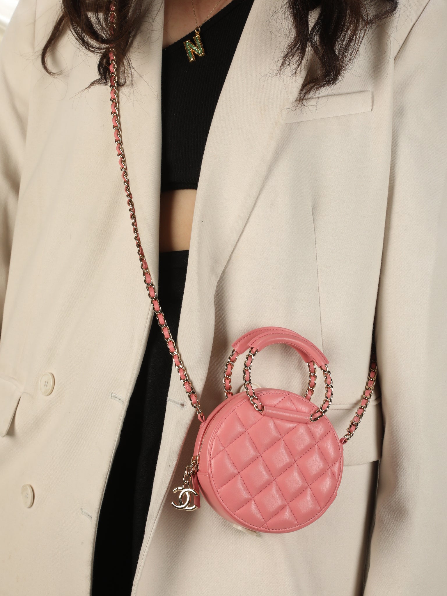Pink Lambskin Top Handle Long Chain Bag Small