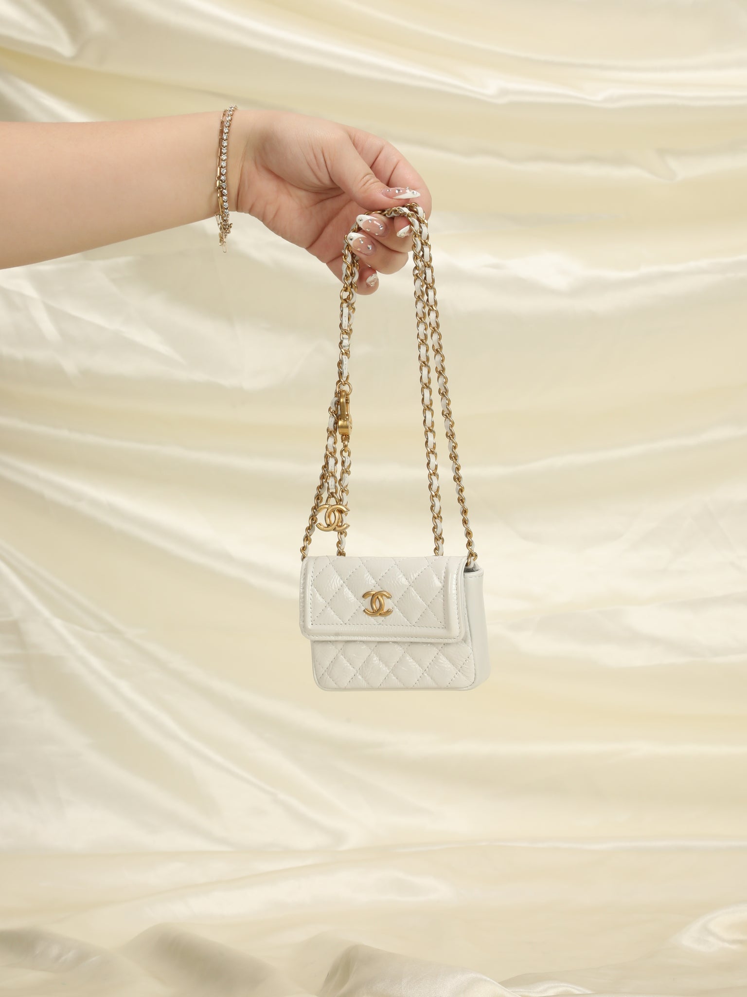 Chanel White Large Flap Bag Gold Chain Shoulder Strap
