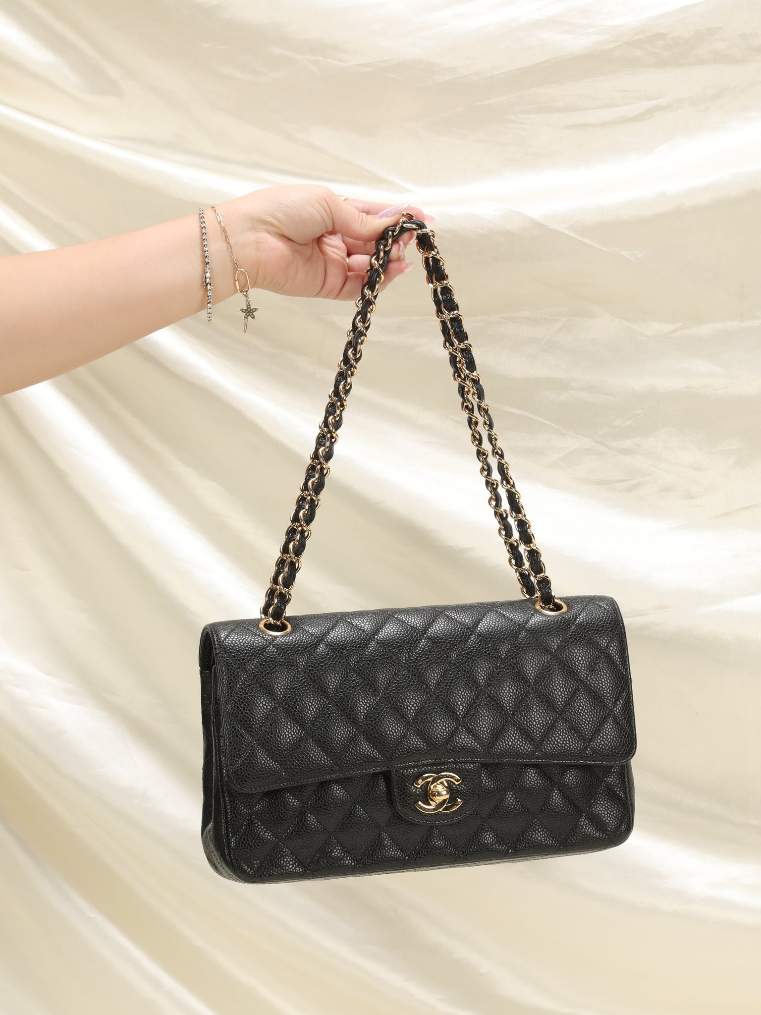 Chanel Classic Medium Double Flap, Black Caviar Leather, Silver Hardware,  Preowned in Dustbag