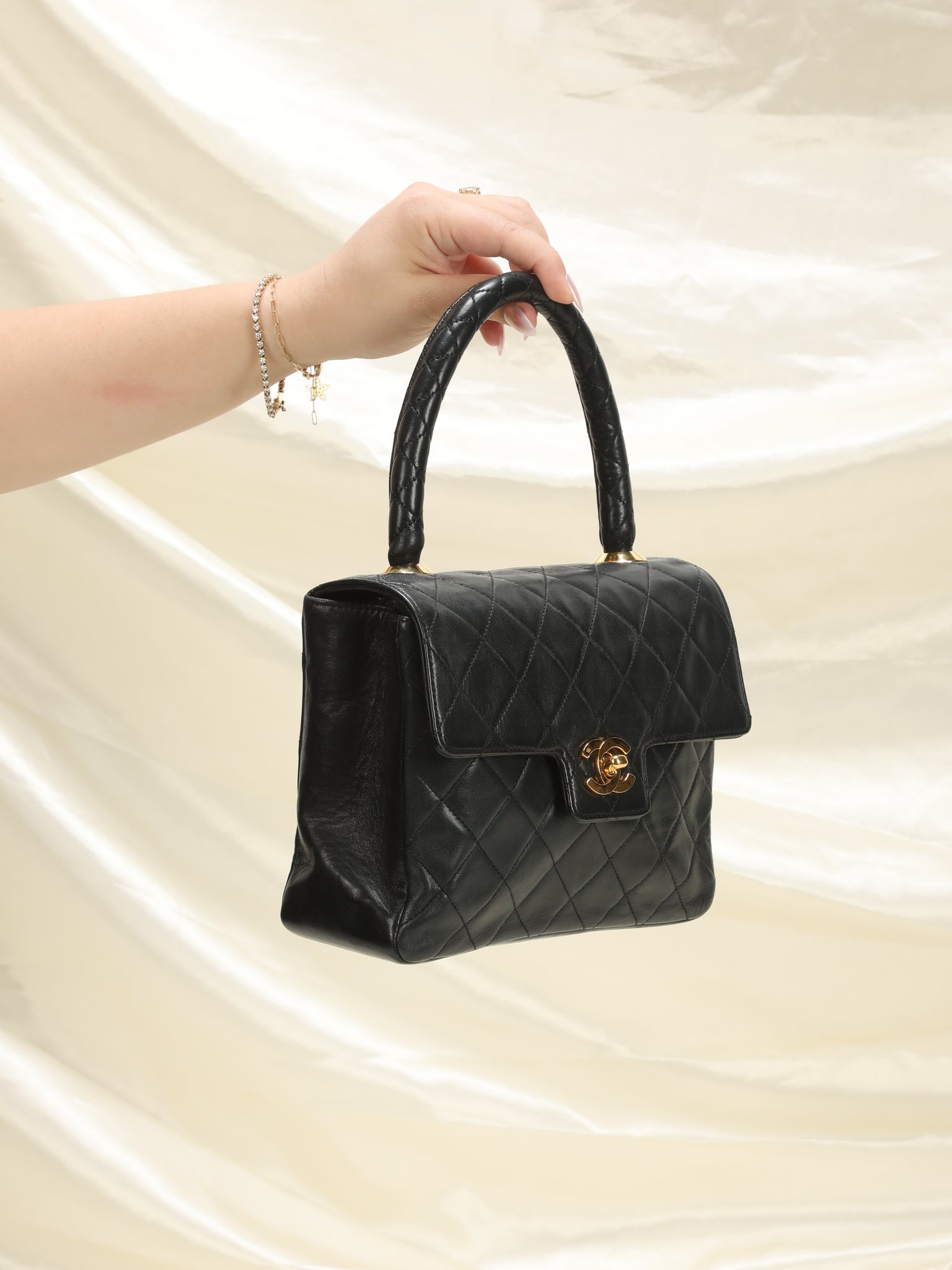 Chanel Vintage Quilted Kelly Top Handle Bag Lambskin Black Small Bag  eBay