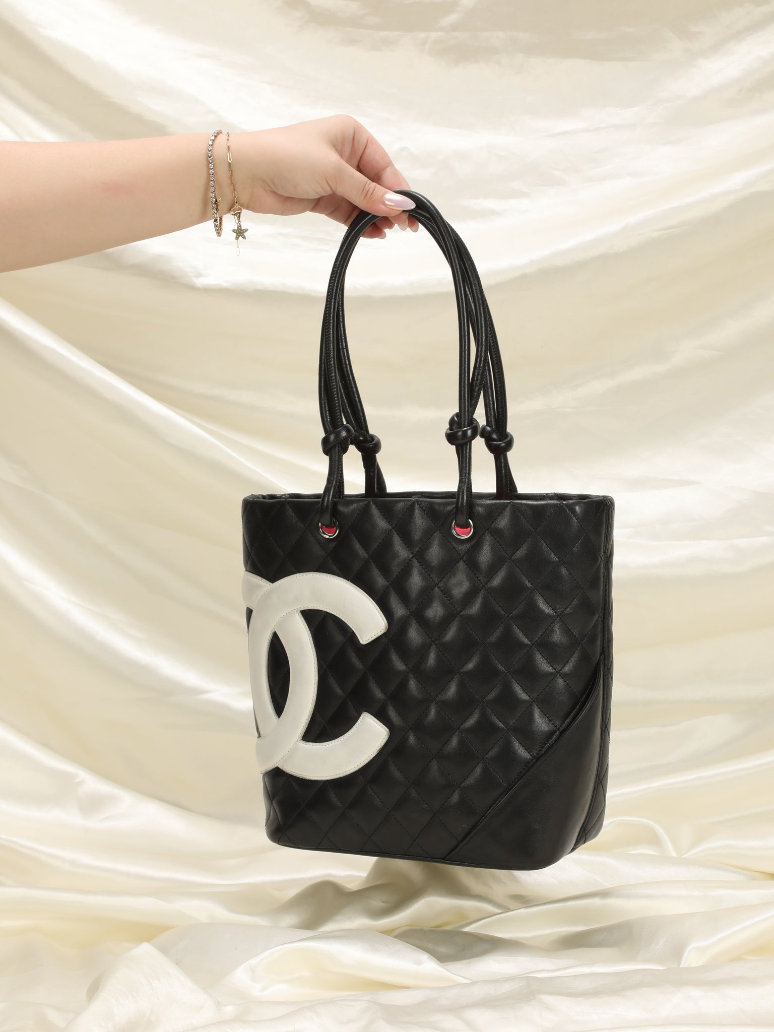 CHANEL Black and White Lambskin Mini Shopping Bag Tote For Sale at