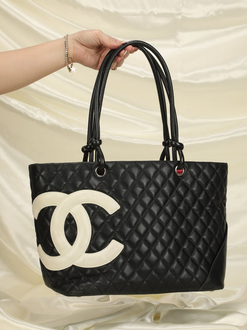 Chanel Cambon Tote Bag black/white lambskin leather for Sale in