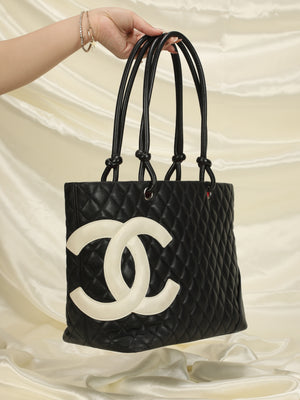 Chanel White & Black Quilted Calfskin Small Ligne Cambon Tote