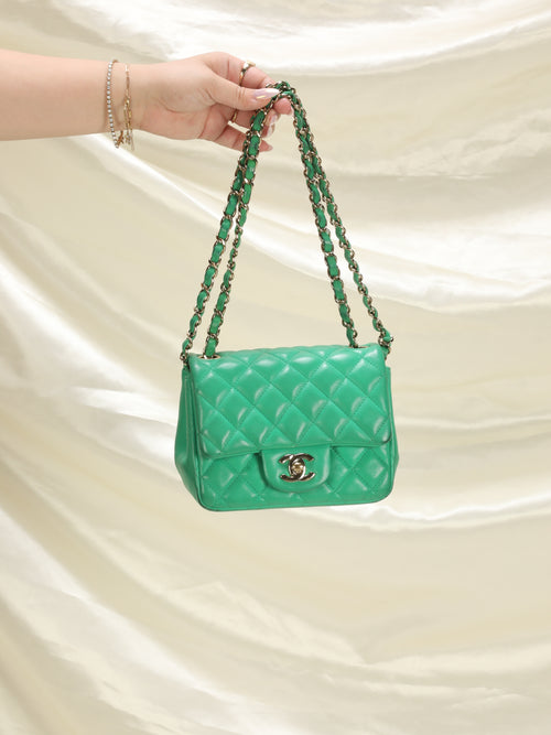 Chanel Emerald Green Mini Square Bag in Lambskin Leather with Brushed –  Sellier