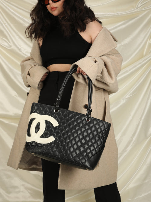Chanel Cambon Tote Bag black/white lambskin leather for Sale in