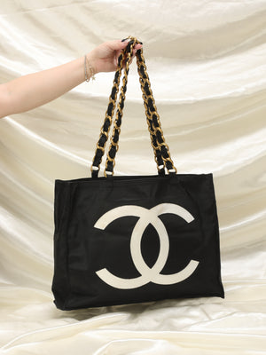 Pre-Owned CHANEL Chanel chocolate bar here mark tote bag chain quilting  cotton jersey black (Good) 