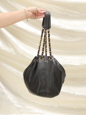 Vintage CHANEL Black Leather Drawstring Bag / Bucket Bag / Shoulder Bag  With Chain Strap