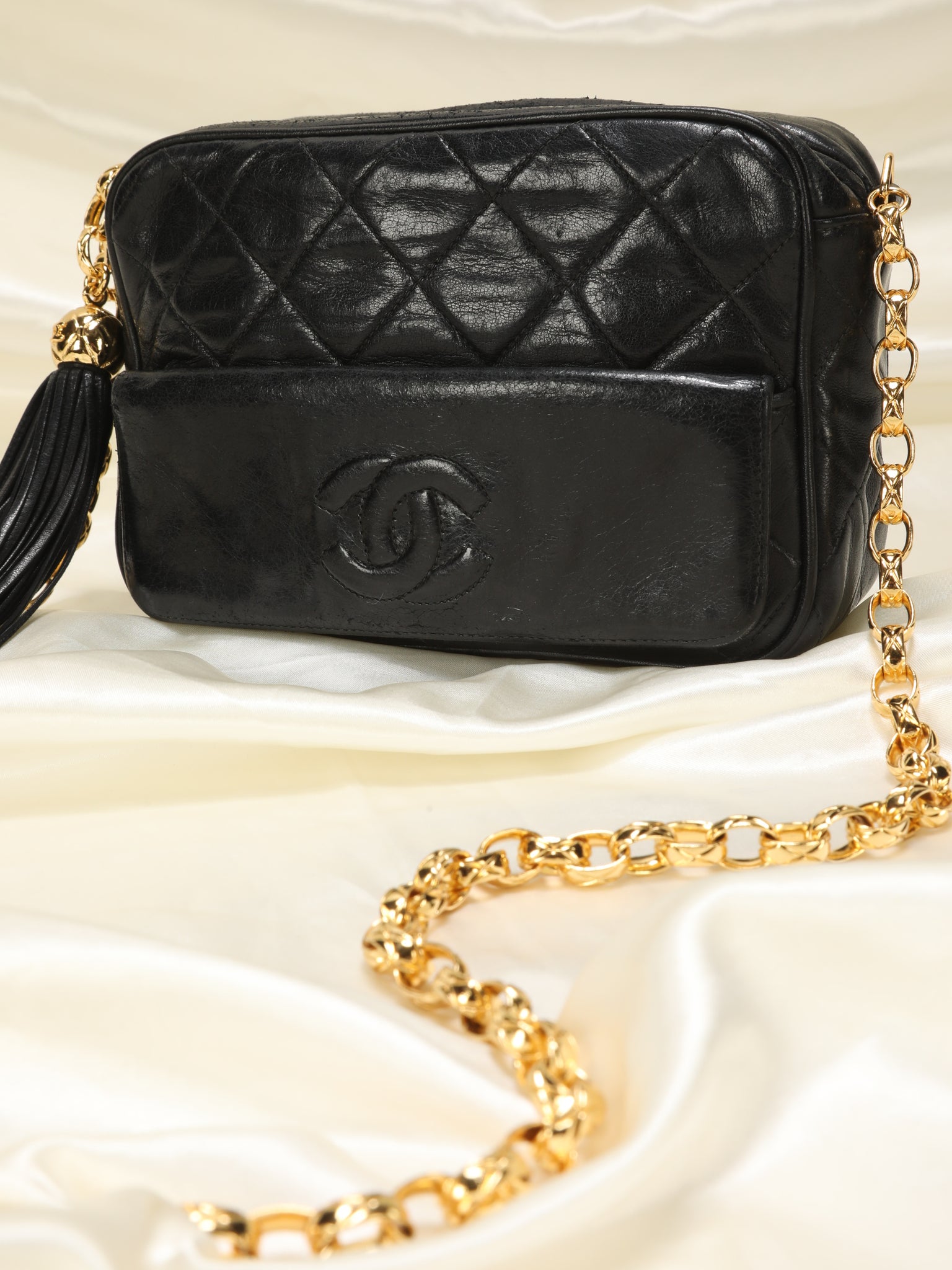 Vintage Chanel CC Beige Caviar Camera Bag Rare Bijoux Chain - Mrs