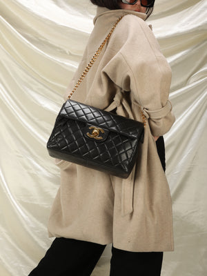 CHANEL Beige Quilted Lambskin Vintage Jumbo XL Classic Single Flap