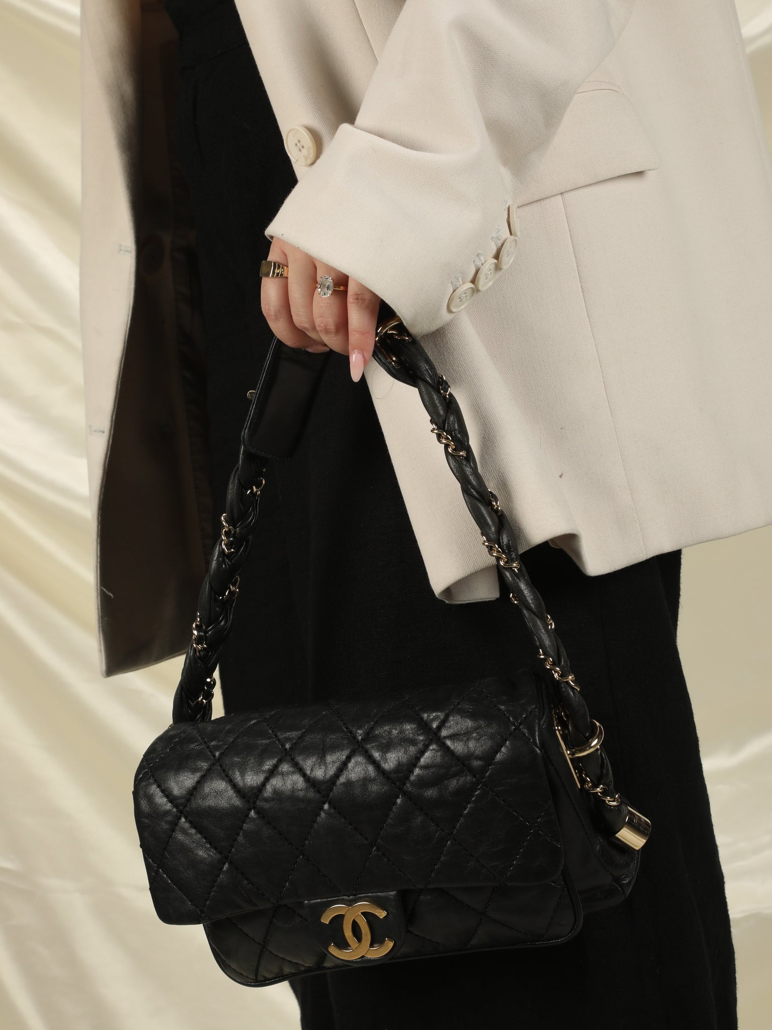 Chanel Black Quilted Distressed Leather Lady Braid Bowler Bag Chanel