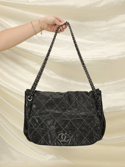 Chanel wrinkled Lambskin wild stitched flap large bag with silver