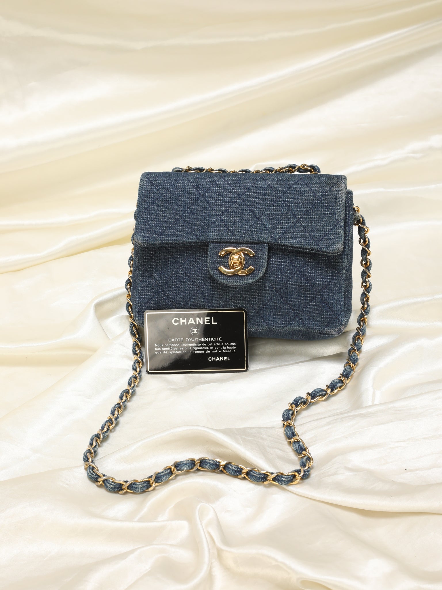 Chanel 20B Mini Square Flap Bag CC Print Denim Blue SHW