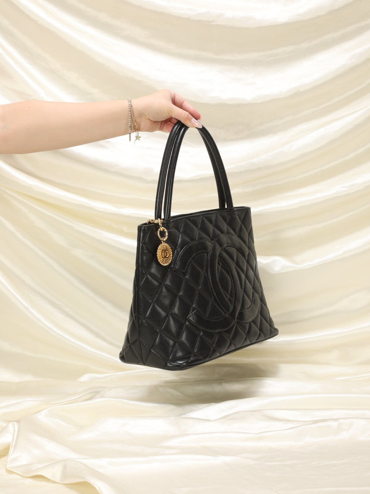 CHANEL, Bags, Chanel Black Quilted Caviar Leather Medallion Tote Bag