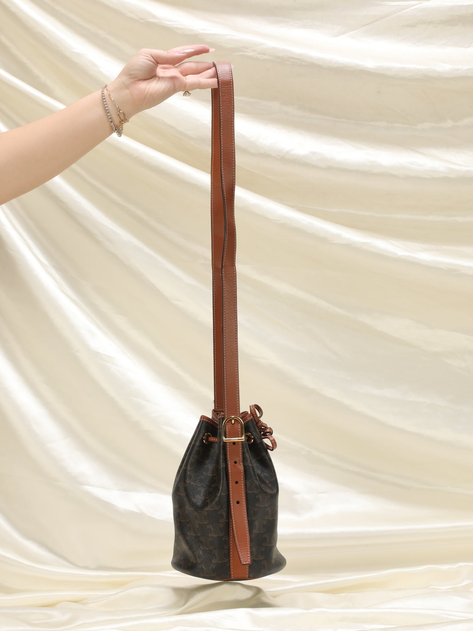Celine Black Triomphe Small Canvas Bucket Bag in Brown