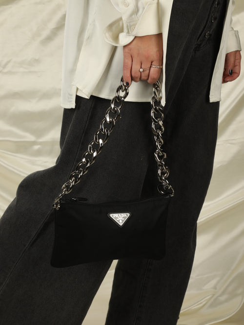 Prada Black Nylon Silver Chain Pochette Small Top Handle Shoulder Bag
