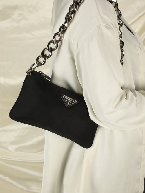 Prada Black Nylon Silver Chain Pochette Small Top Handle Shoulder Bag