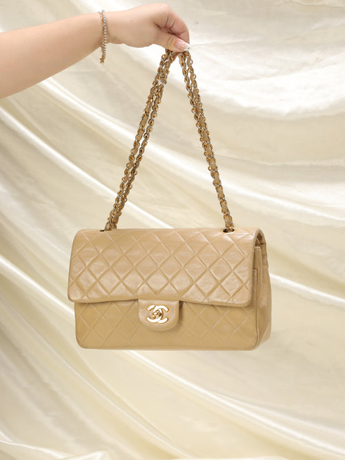 Vintage Beige Lambskin Quilted a classic Double Flap GHW