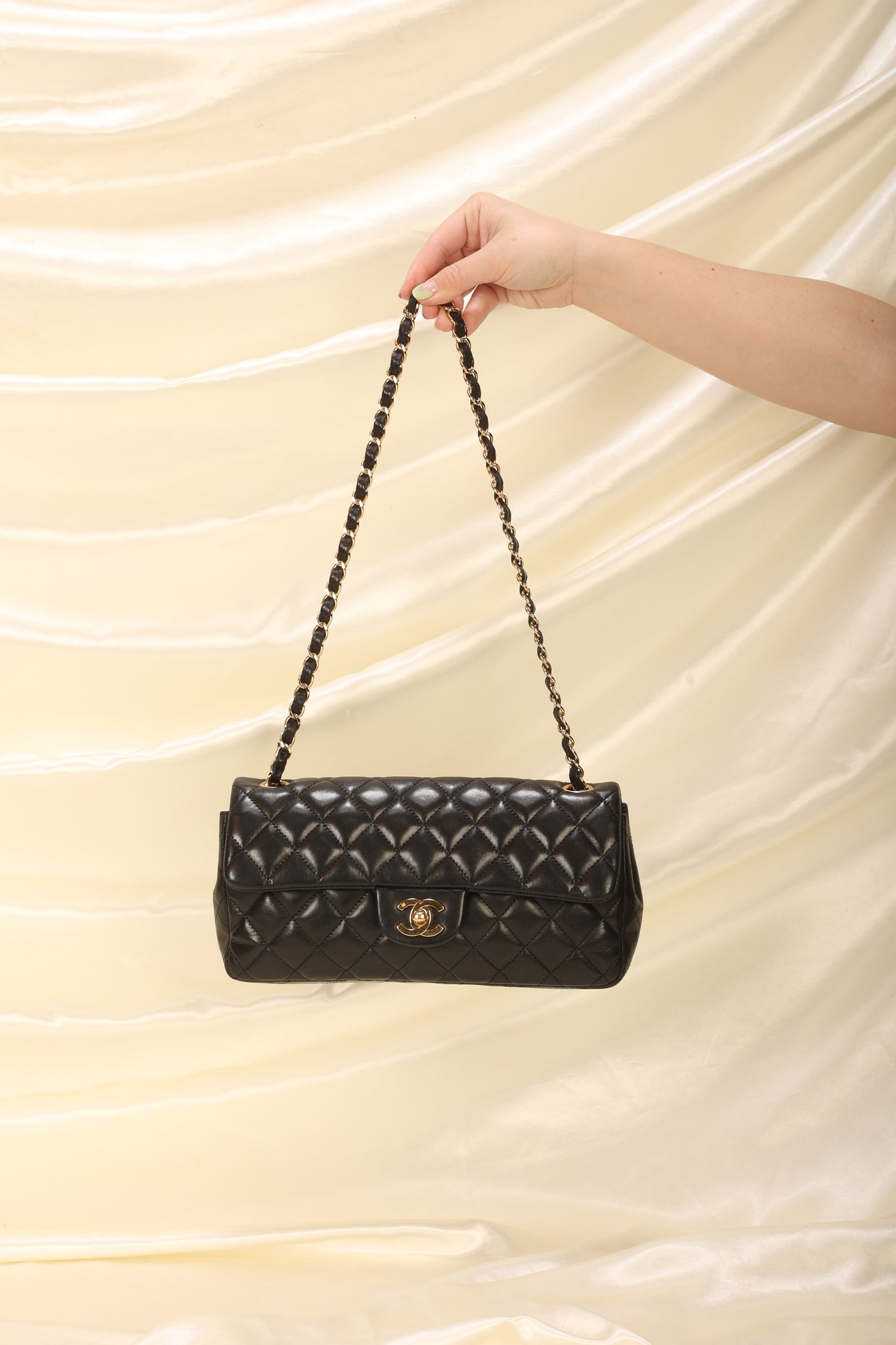 Chanel Black Caviar Leather East/West Classic Quilted Flap Bag at