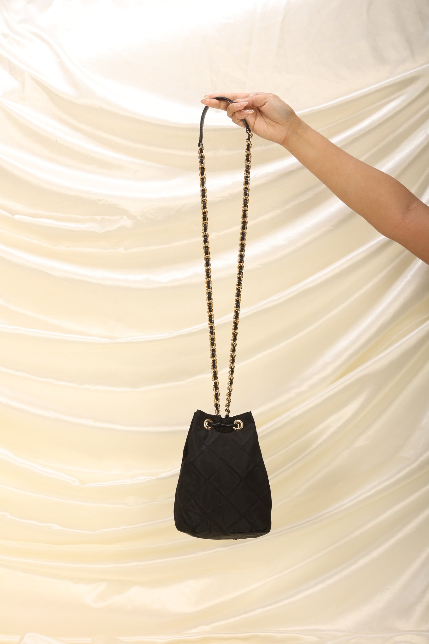 PRADA Logo Nylon Mini Bag Drawstring Handbag Black Vintage Old