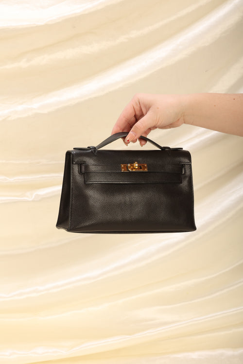 Hermes Kelly Pochette Bag Black Swift Leather with Gold Hardware