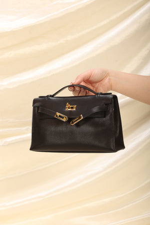 Hermes Kelly Pochette Bag Black Swift Leather with Gold Hardware