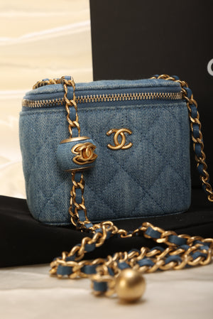 Chanel Pearl Crush Zip Around Vanity Case with Chain Quilted Denim Mini  Blue 22175216