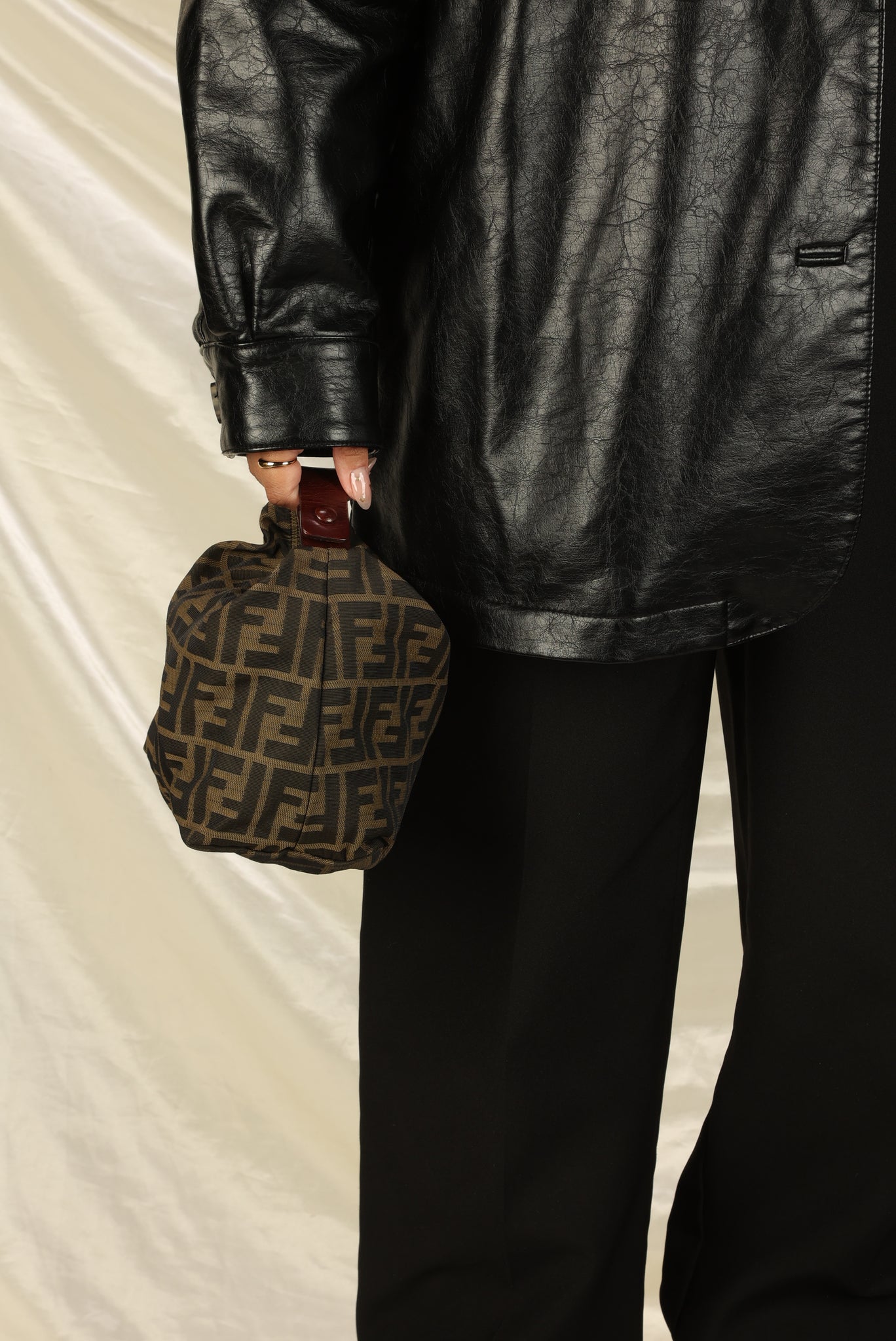Fendi Black Zucchino Embossed Lambskin Leather Mini Pochette