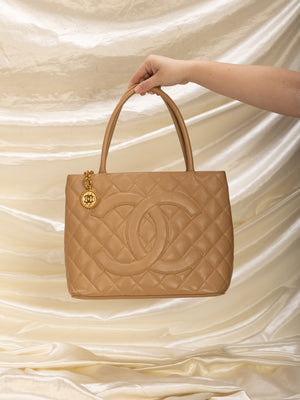Chanel Beige Quilted Caviar Leather Medallion Tote Bag Chanel