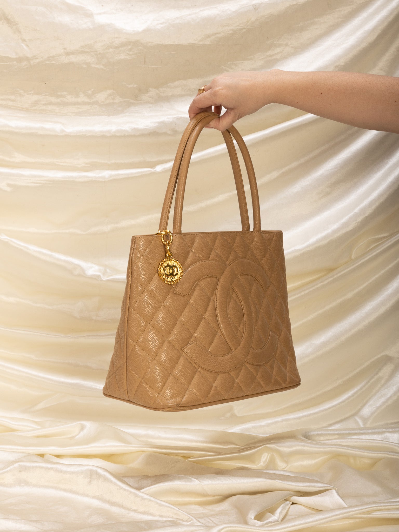 Chanel // 2002 - 2003 Beige Caviar Leather Medallion Tote Bag
